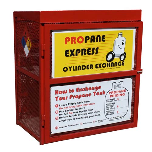 A propane cylinder exchange container shows displays directions for customer use.