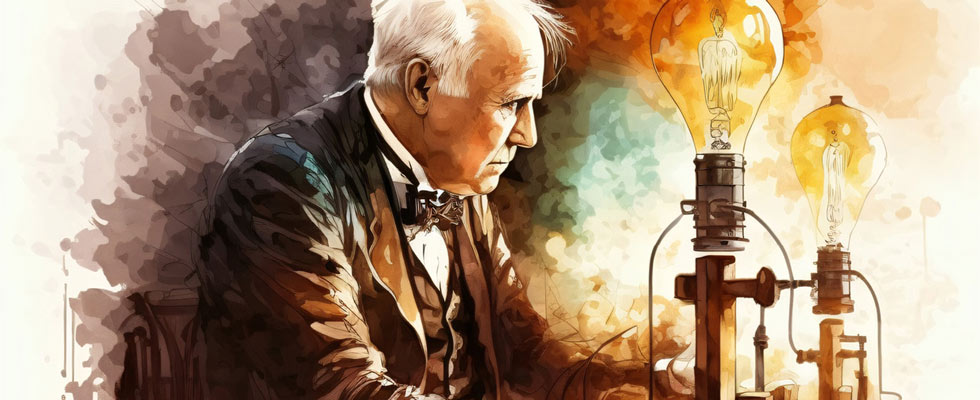 A graphic depicts Thomas Edison surrounded by lightbulbs. 