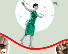 A woman balances on a red line sitting atop two hands, showcasing how to balance in a shifting landscape.