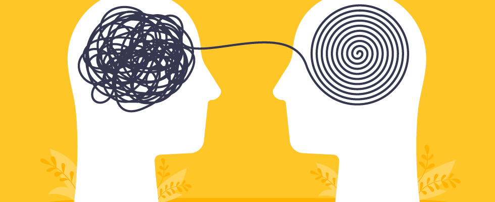 Two silhouette heads face each other — one with a squiggly line where the brain should be that connects to a neat spiral line on the other head — all on a yellow backdrop