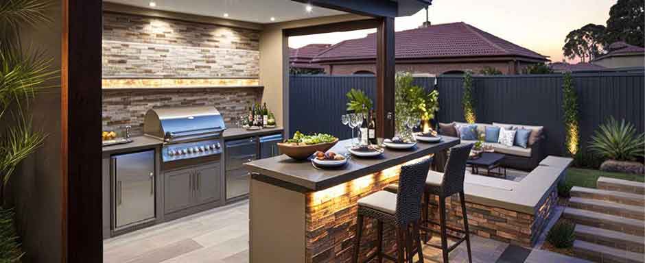 An outdoor propane-powered kitchen with a bar seating area on an outdoor patio