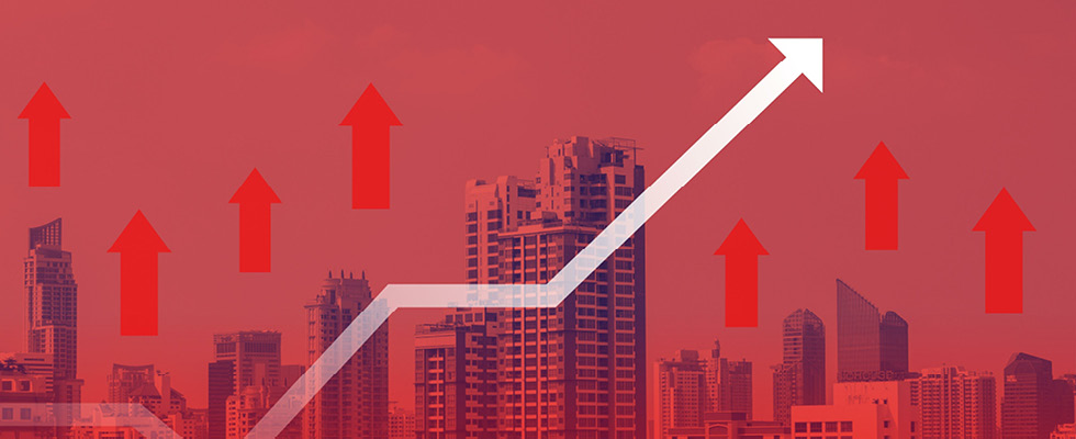 An arrow graphic depicts rising costs against against a city backdrop.