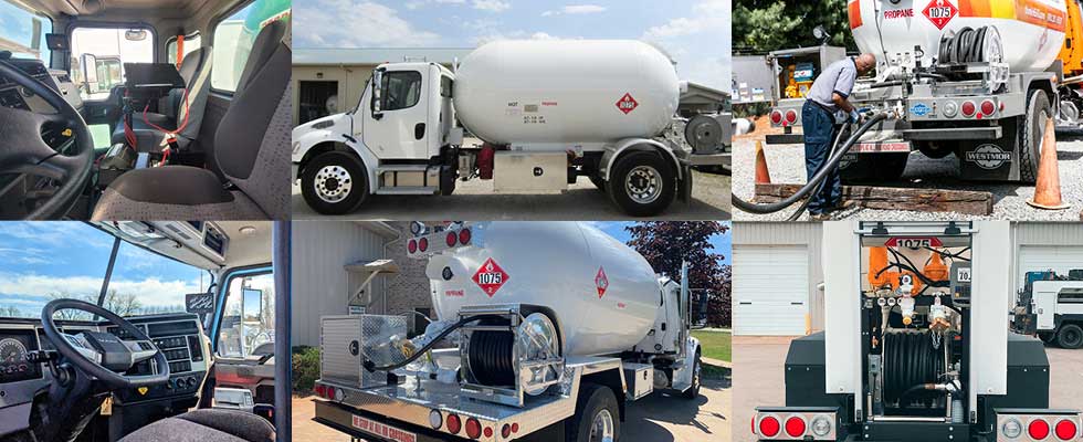 A grid of bobtail offerings — on the left side, the cabs of bobtails; in the middle, two white propane bobtail trucks; and on the right, the equipment on the back end of bobtail trucks