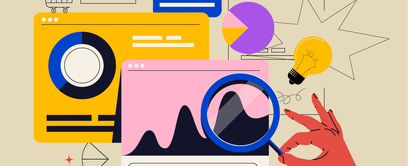 A red hand holding a blue magnifying glass looks over a web screen, symbolizing SEO best practices.