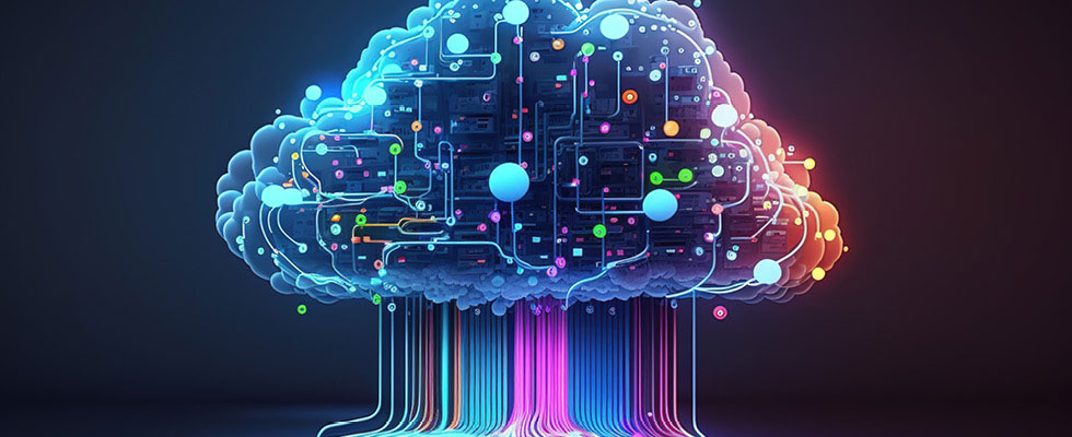 A graphic displays a neural network in the shape of a cloud.